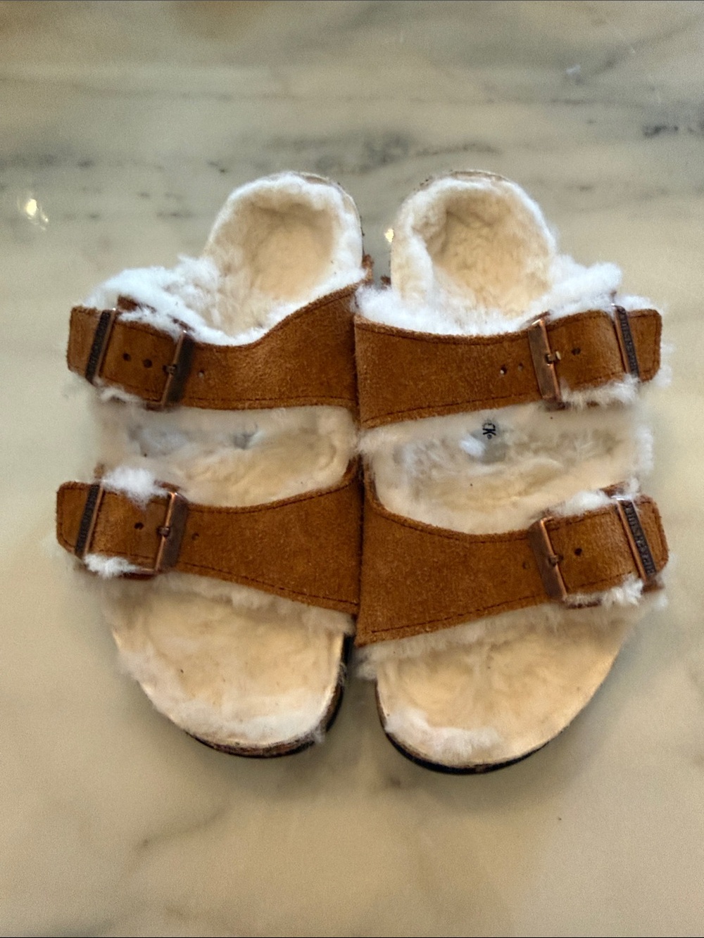 Birkenstock Arizona Kids Shearling Lined Suede Sandals in Brown and White